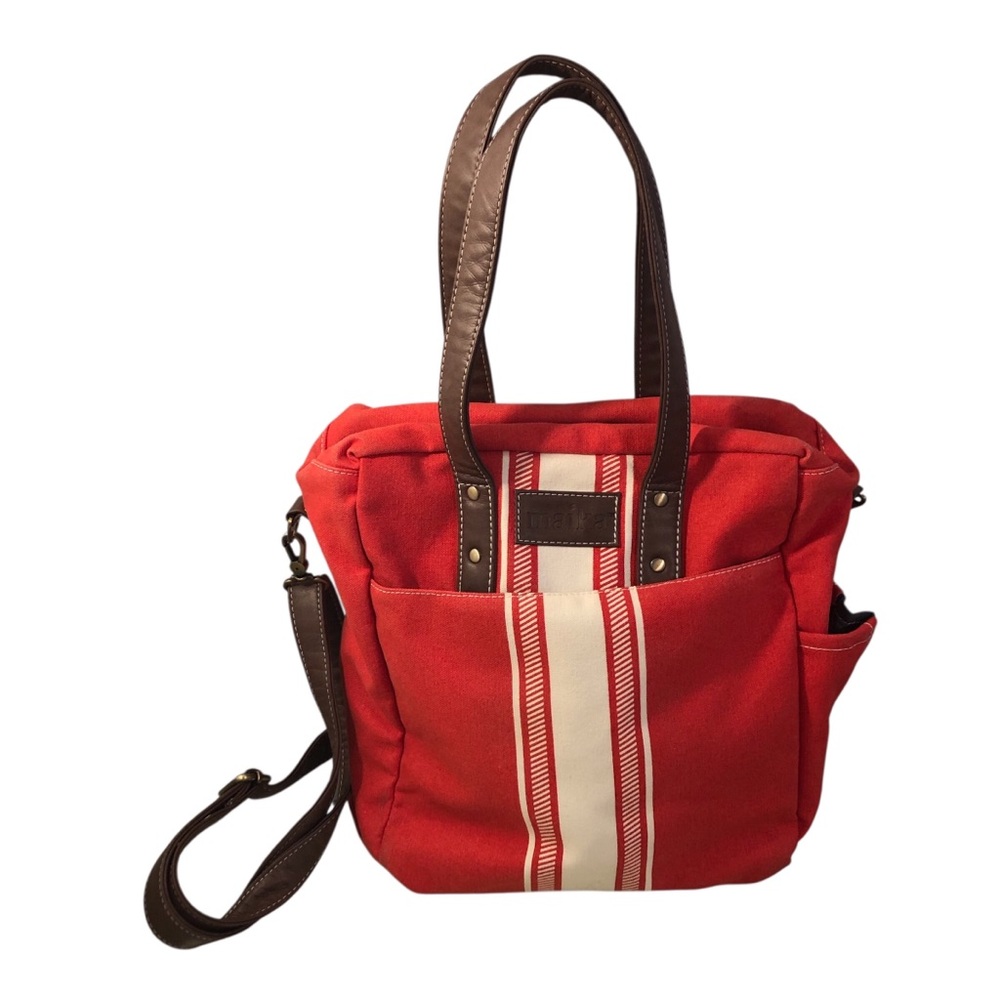 MAIKA Tomato Red & Ivory Recycled Canvas Commuter Tote with Vegan Leather Trim
